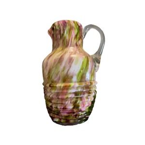 Vtg Hand Blown Art Glass Mini Pitcher With Colorful Swirl Design Pink/Green‎